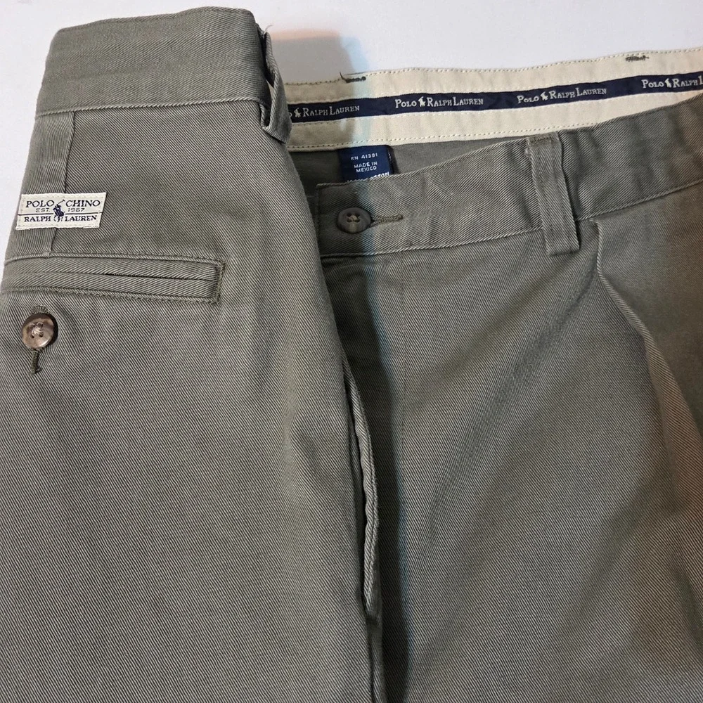 VTG Polo Ralph Lauren Chino Pants Mens 40x32 Olive Green Pleated Cotton Trousers